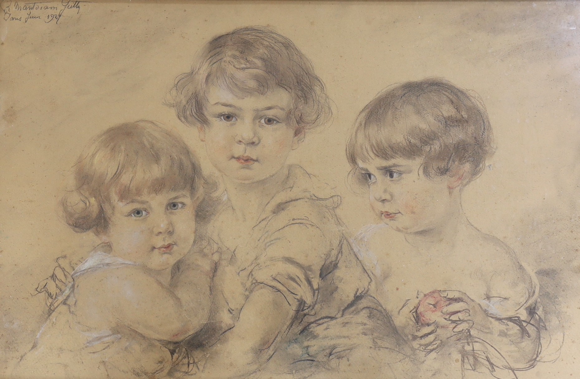 Rosina Mantovani Gutti (Italian, 1851-1943), conte crayon, Portrait of three children, signed and dated Paris 1926, 49 x 77cm